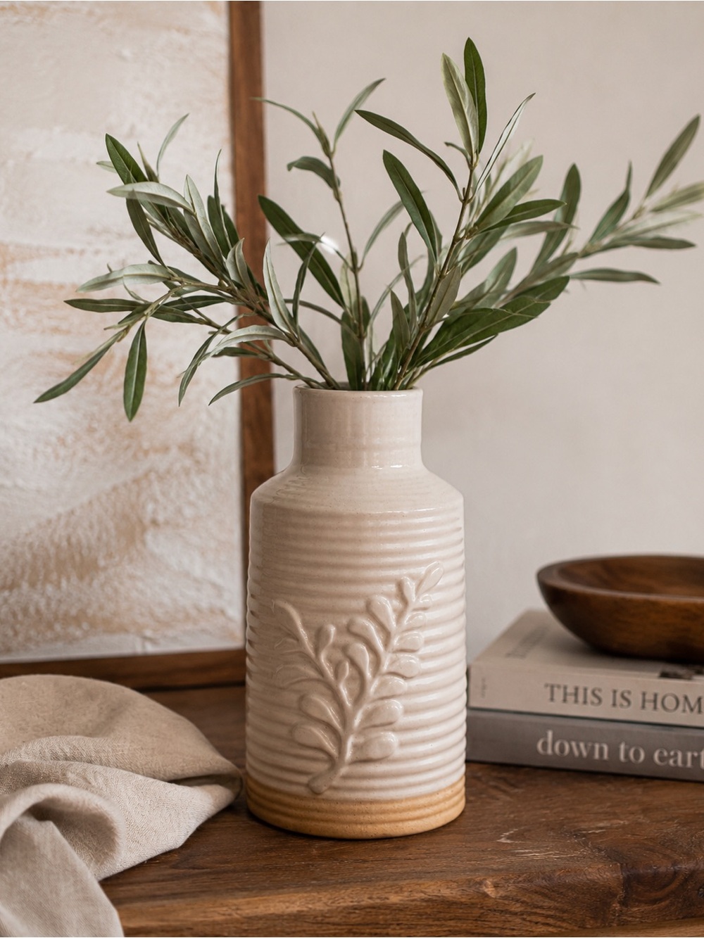 Cream and Tan Ceramic Relief Vase 4.5” x 8”